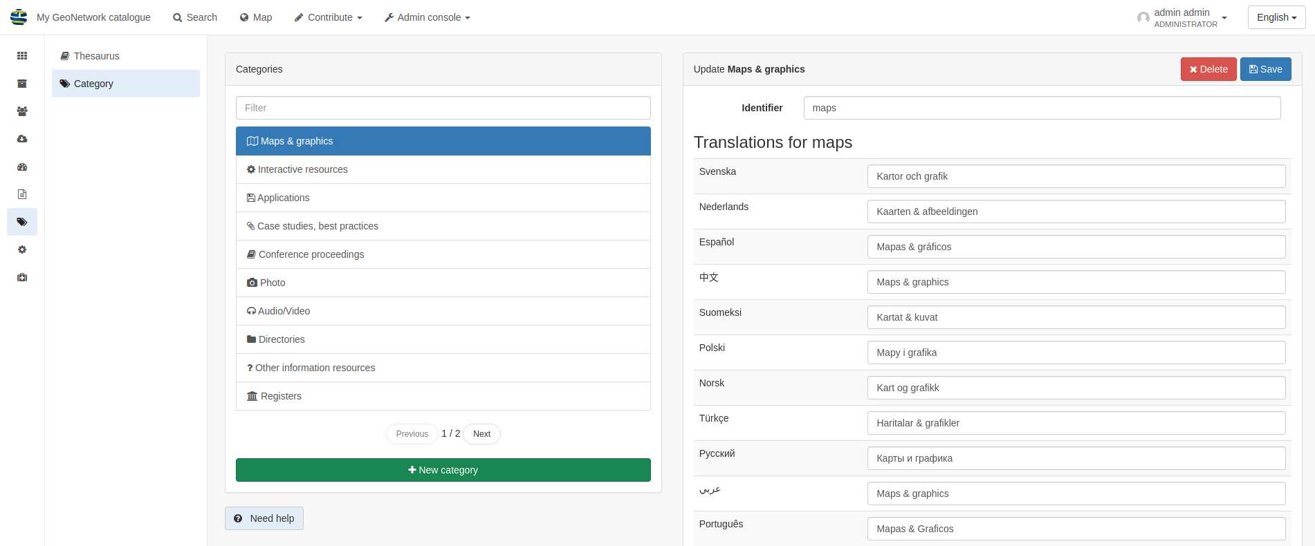 Category settings page in GeoNetwork