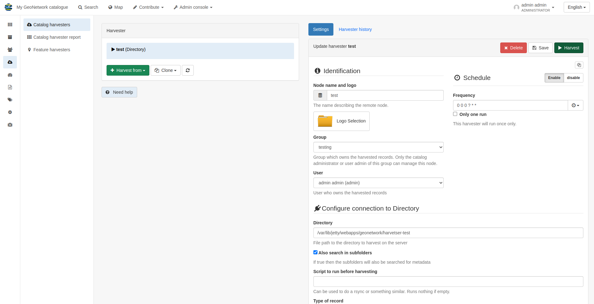 GeoNetwork showing an example configuration for Directory harvesting