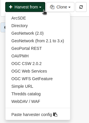 Dropdown menu showing the available harvesting options in GeoNetwork 4.x
