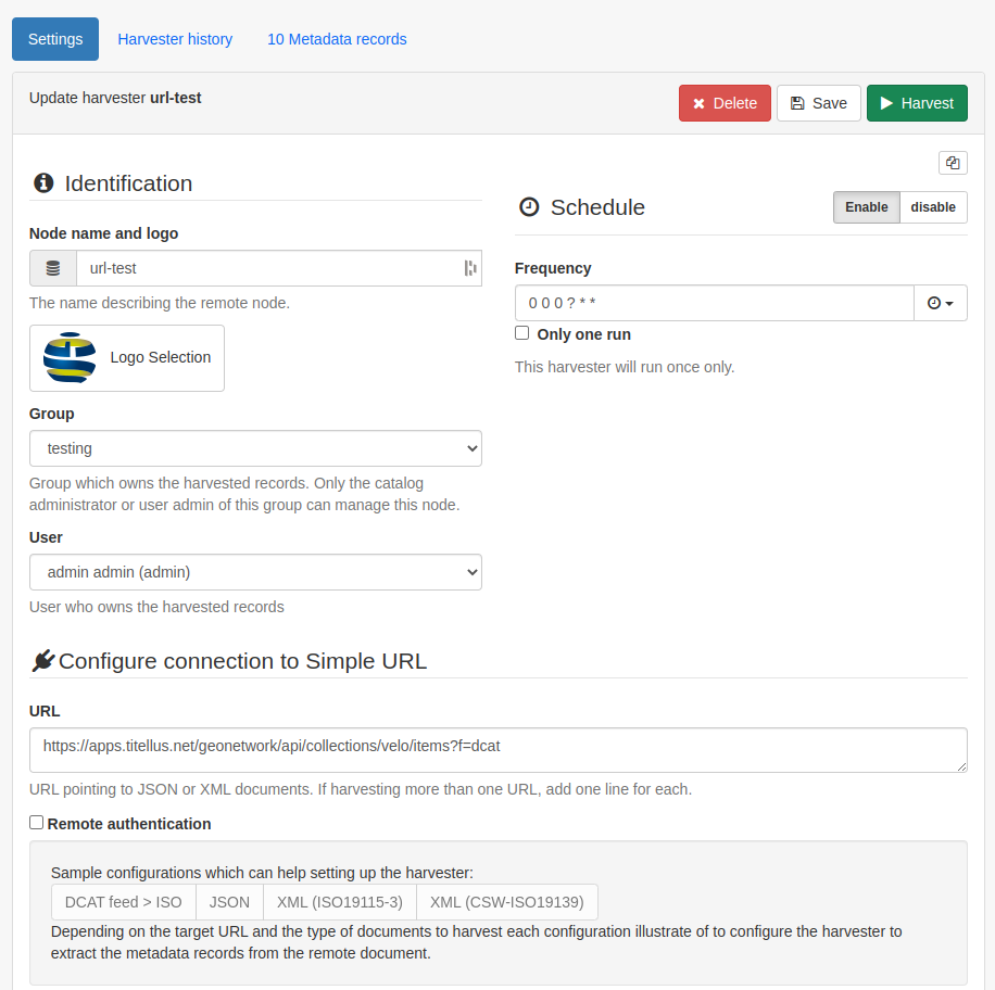 GeoNetwork showing the top section of the configuration for an example Simple URL harvester
